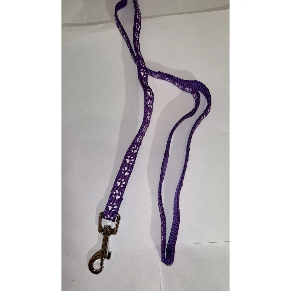 Dog Collar And Leash Set Small Dogs 48”Long Leash Purple With paws And bell